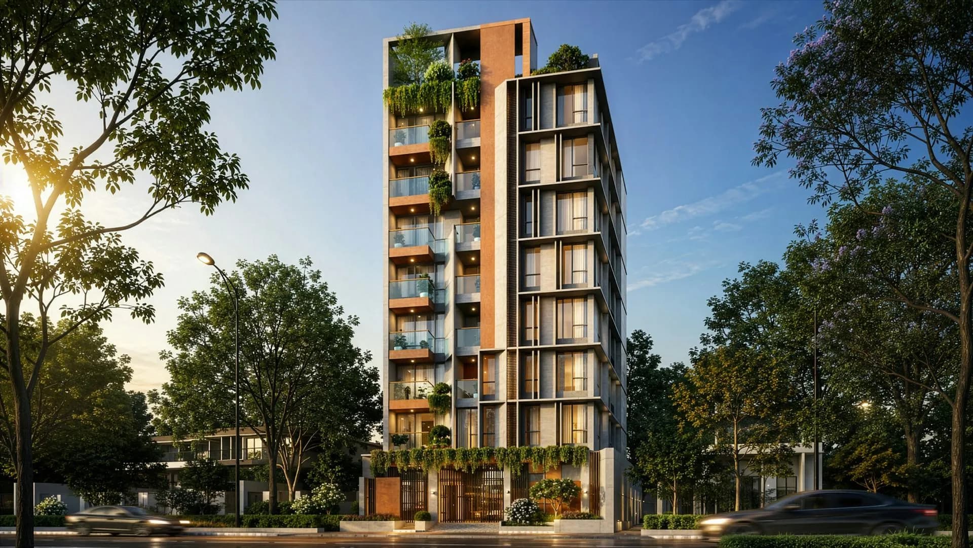 Rendering of a residential tower with planted balconies at dusk among trees